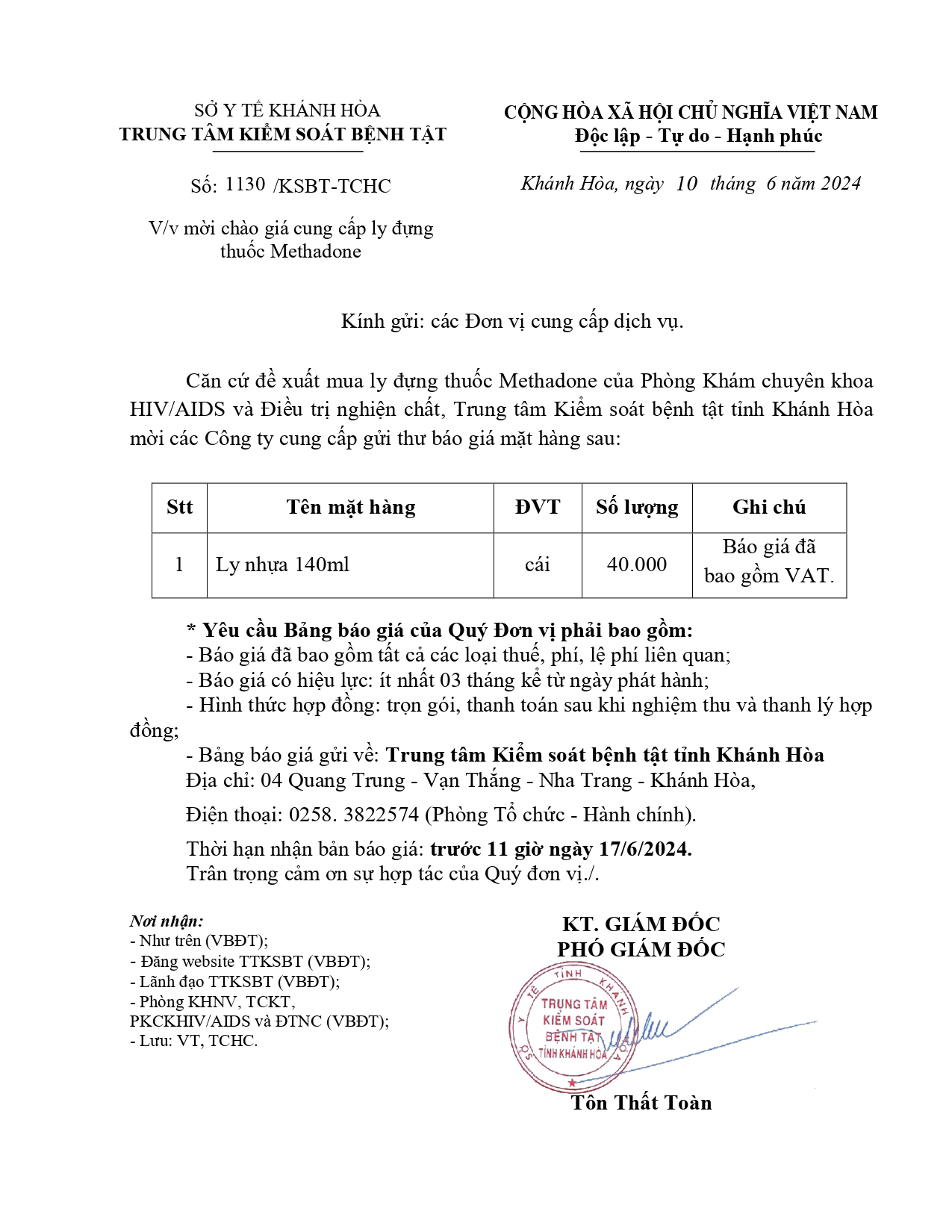 V/v mời chào giá cung cấp ly đựng thuốc Methadone